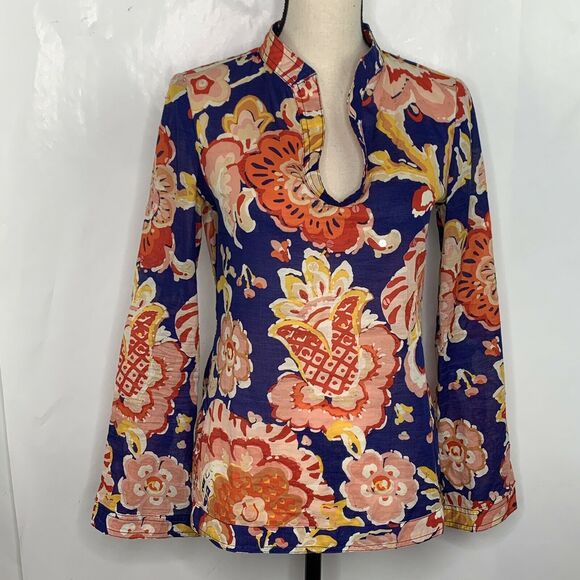 Tory Burch Stephanie Floral Bell Sleeve Tunic Sz 0 - Picture 2 of 10
